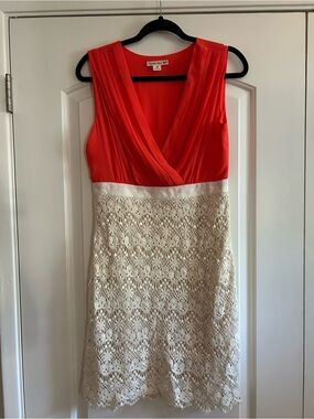Double Zero Coral & Cream Lace V-Neck Midi Dress